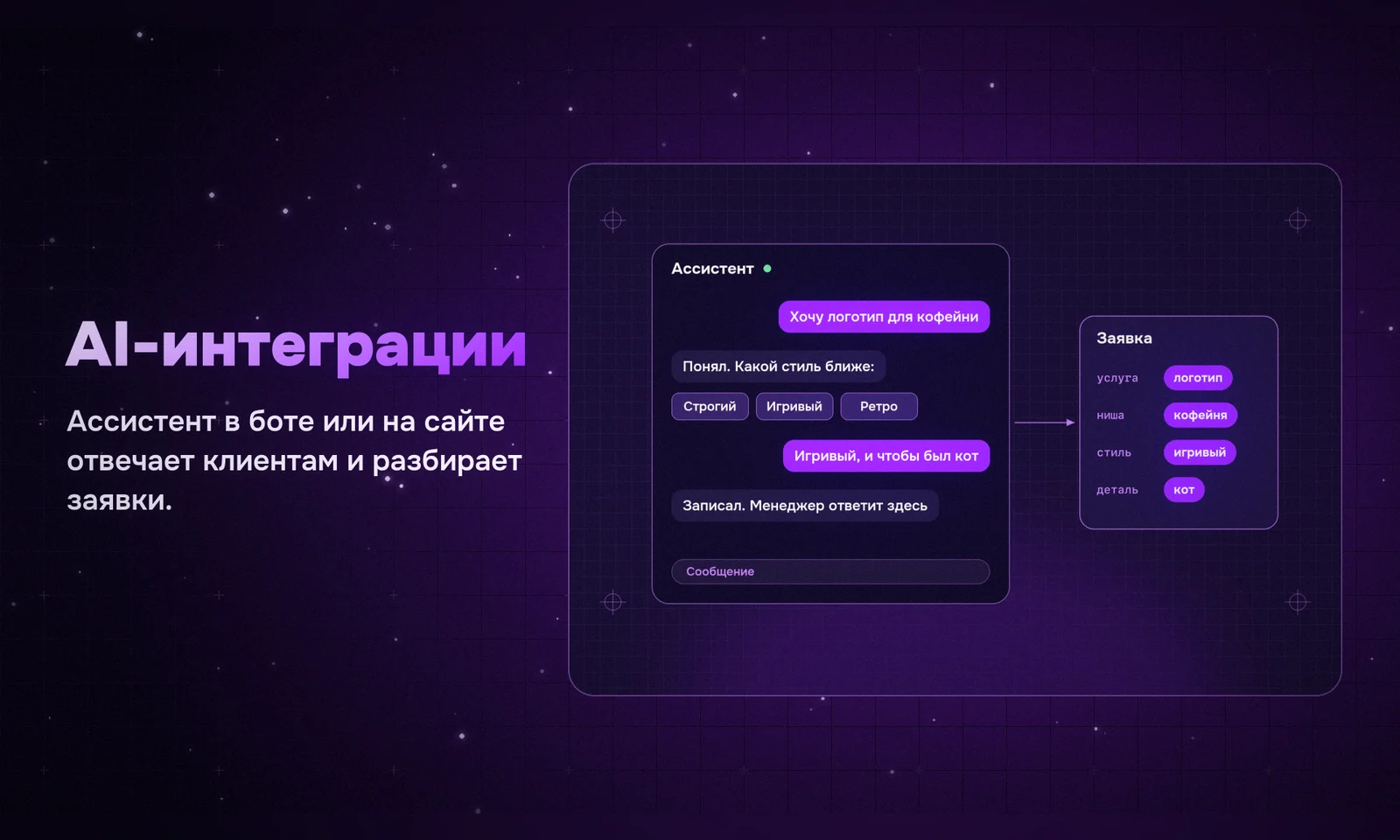AI-интеграции для бизнеса: ассистент в боте и на сайте: пример работы Wide Studio